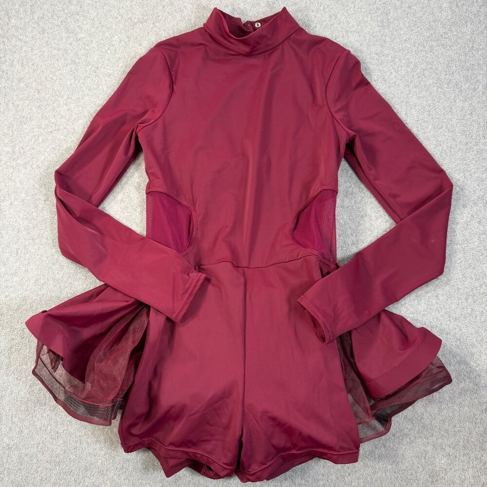 Balera Dance Costume Unitard Size MA MT9903 Burgundy Long Sleeve Shorts Cutout